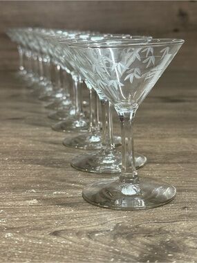 (12) Vintage Noritake Sasaki Bamboo Etched Glassware Martini Glasses Set 12